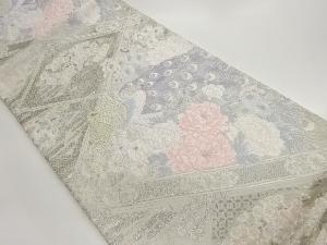 プラチナ箔孔雀・花々に格天井模様織出し袋帯